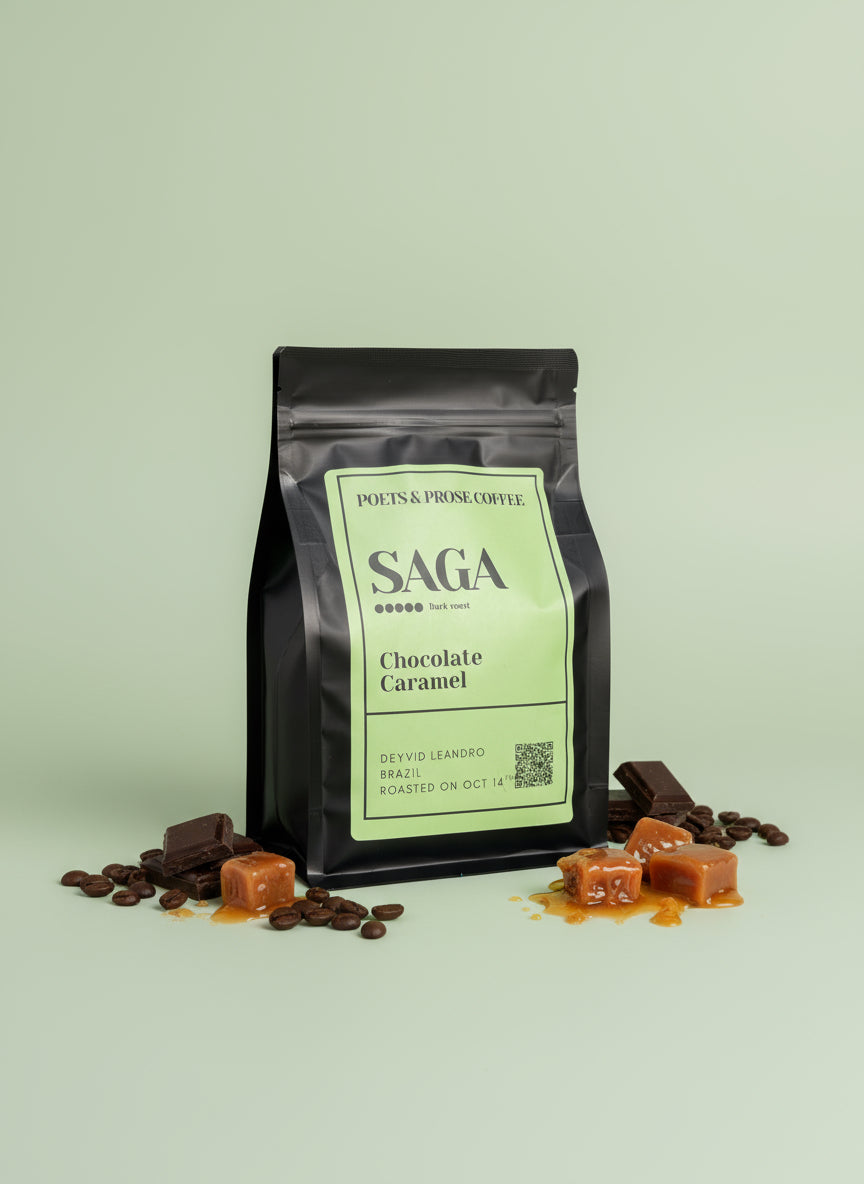 Coffee bag labeled 'SAGA Chocolate Caramel' with coffee beans and caramels on a light green background