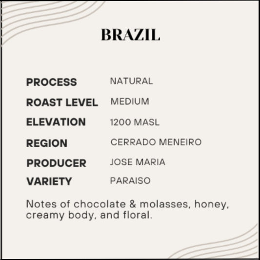 Coffee label detailing Brazil coffee's process, roast level, elevation, region, producer, and variety.