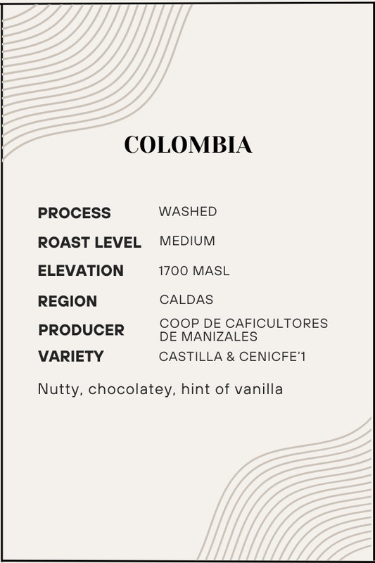 Coffee label with details about Colombian coffee including process, roast level, elevation, region, producer, and variety.