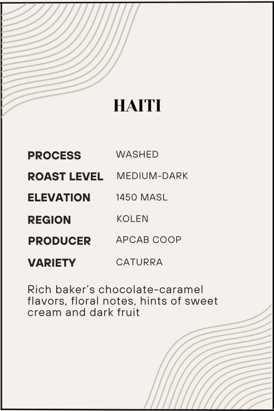 Coffee label for Haiti with detailed information on process, roast level, elevation, region, producer, and variety.