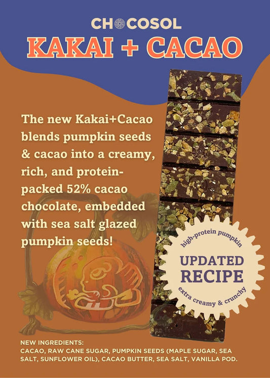 Chocosol Kakai + Cacao product with text about pumpkin seeds and cacao blend on a brown and blue background.