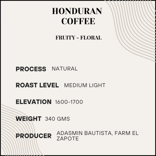 Honduran coffee label with details on process, roast level, elevation, weight, and producer.