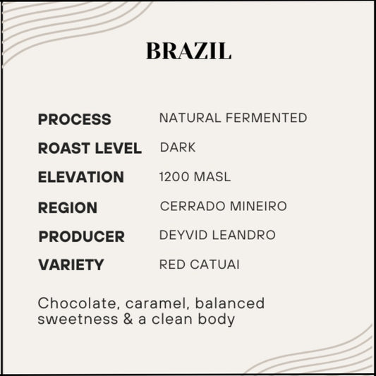 Coffee label detailing process, roast level, elevation, region, producer, and variety of a Brazilian coffee.