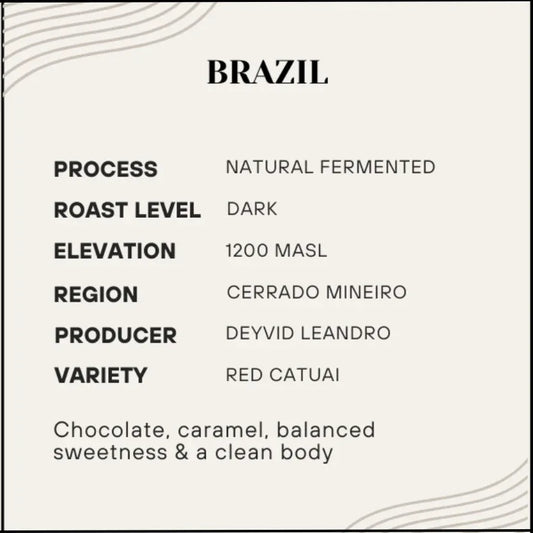 Coffee label detailing Brazil coffee's process, roast level, elevation, region, producer, and variety.