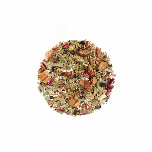 Assorted herbal tea blend on a white background