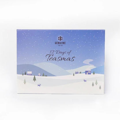 Tea box with '12 Days of Teasmas' design on a white background