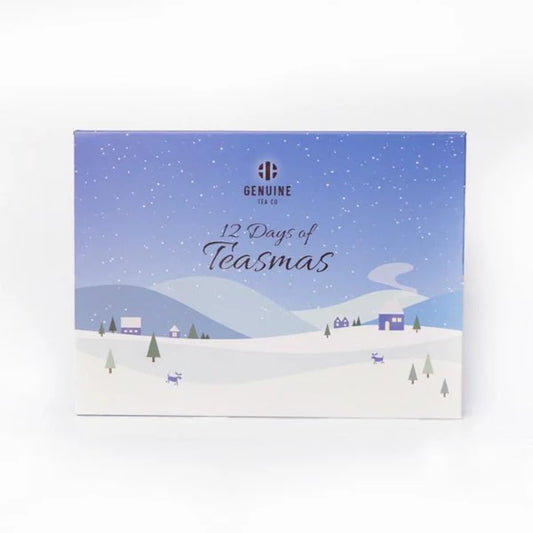 Tea box with '12 Days of Teasmas' design on a white background