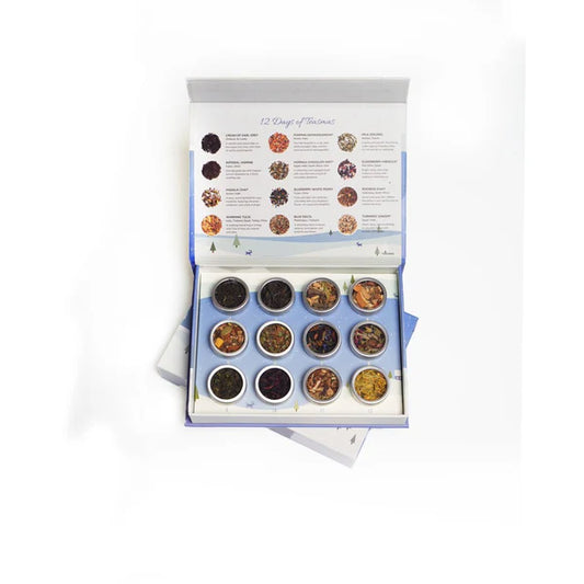 Tea sample set with a variety of tea leaves in small cups on a white background