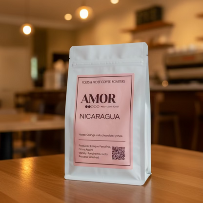 Coffee package with 'Amor Nicaragua' label on a table