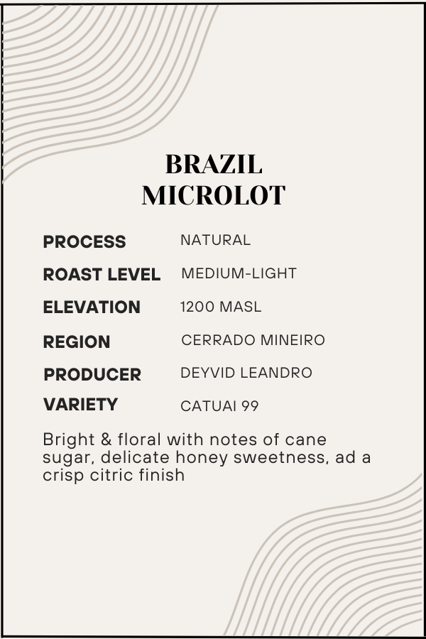 Coffee label for Brazil Microlot with detailed information on process, roast level, elevation, region, producer, and variety.