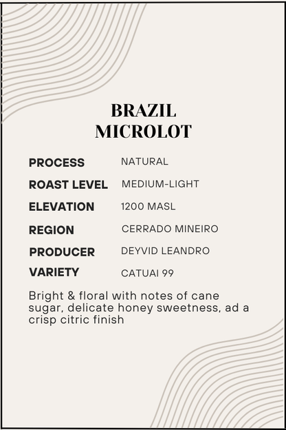 Coffee label for Brazil Microlot with detailed information on process, roast level, elevation, region, producer, and variety.
