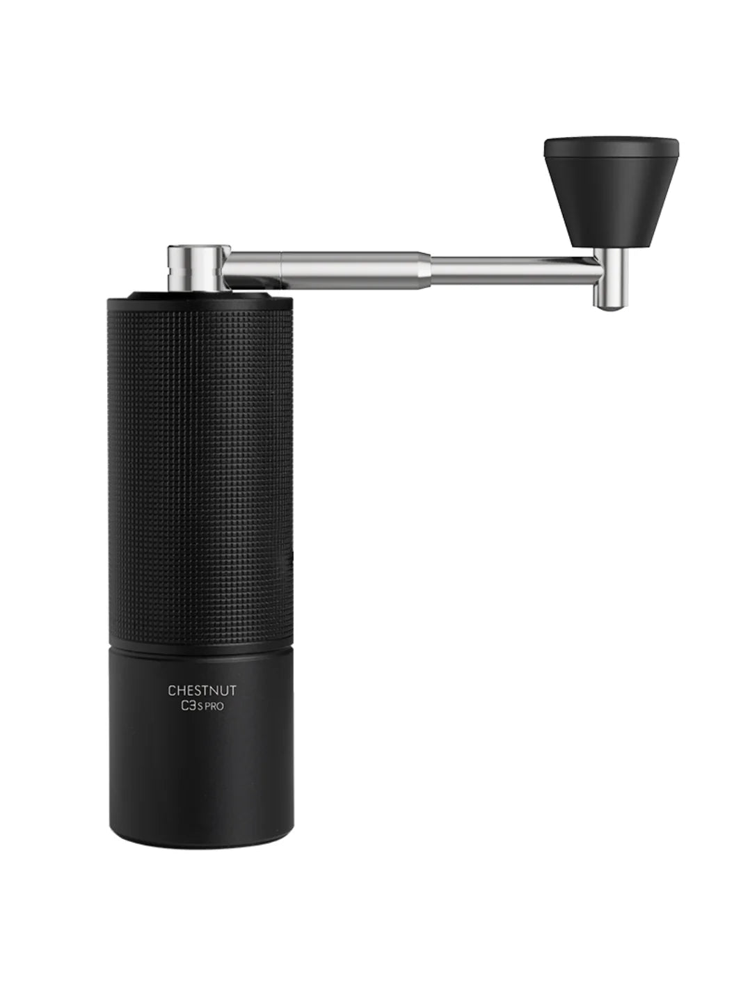 Black coffee grinder with a metallic handle on a white background