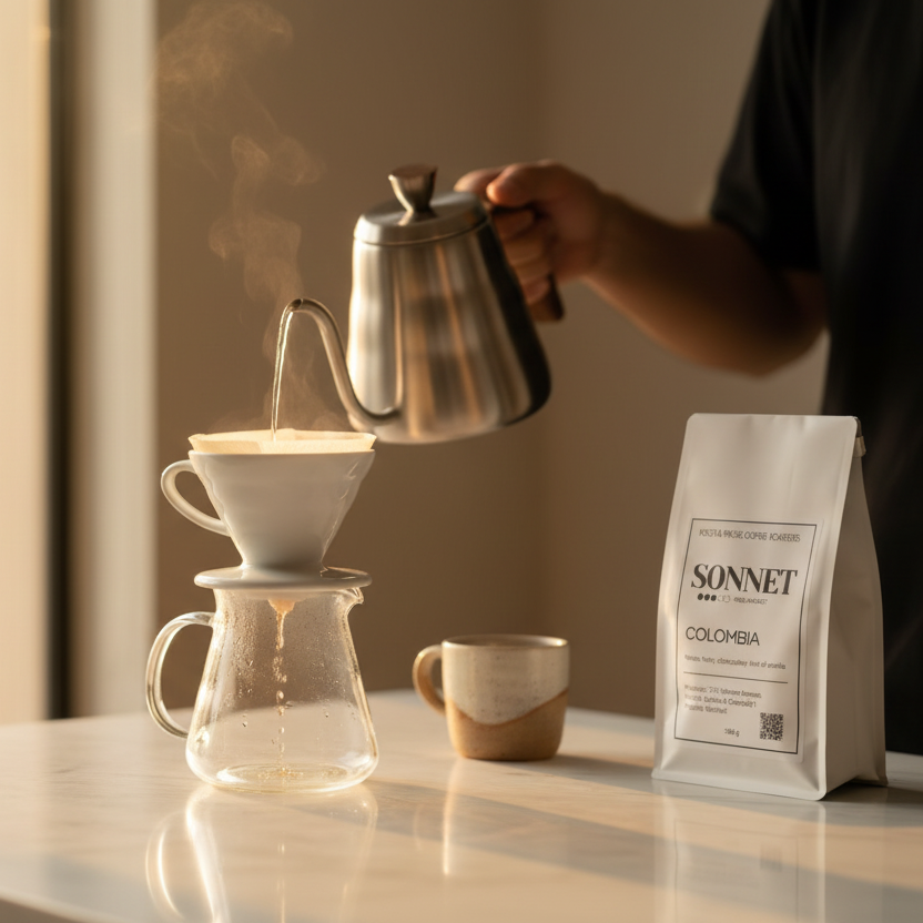 Person pouring coffee from a kettle into a filter on a glass carafe with Sonnet coffee bag in the background.
