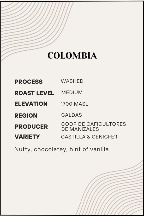 Coffee label with details about Colombian coffee including process, roast level, elevation, region, producer, and variety.