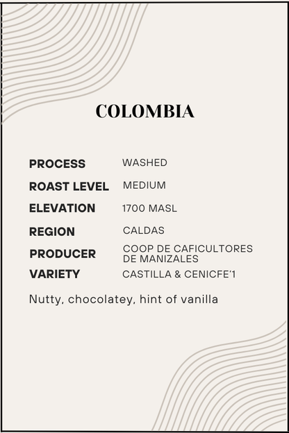 Coffee label with details about Colombian coffee including process, roast level, elevation, region, producer, and variety.