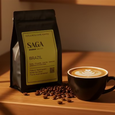 SAGA coffee bag with coffee beans and a coffee-making setup on a wooden table.