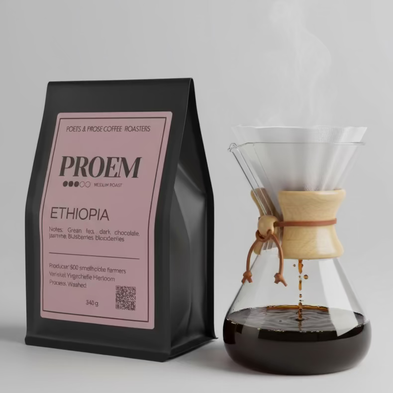 Coffee bag labeled 'PROEM Ethiopia' with a pink label on a gray background