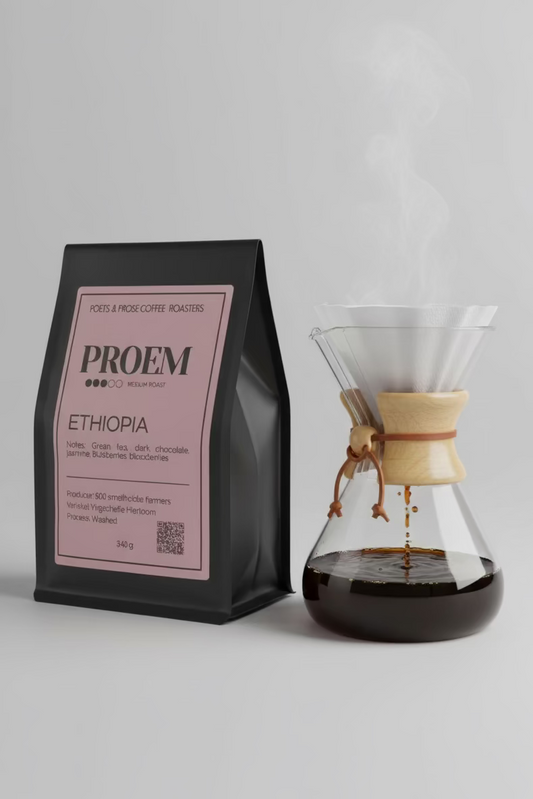 Coffee bag labeled 'PROEM Ethiopia' with a pink label on a gray background