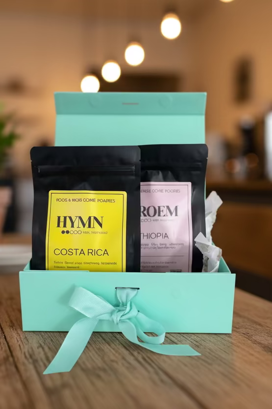 Two coffee bags in a turquoise box with a bow on a beige background