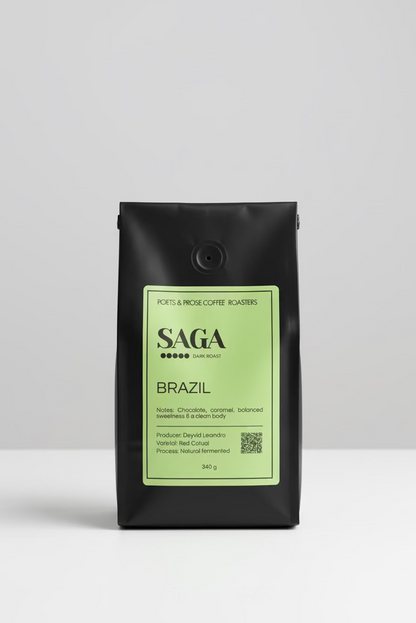 Coffee bag labeled 'SAGA Brazil' by Poets & Prose Coffee Roasters on a white background