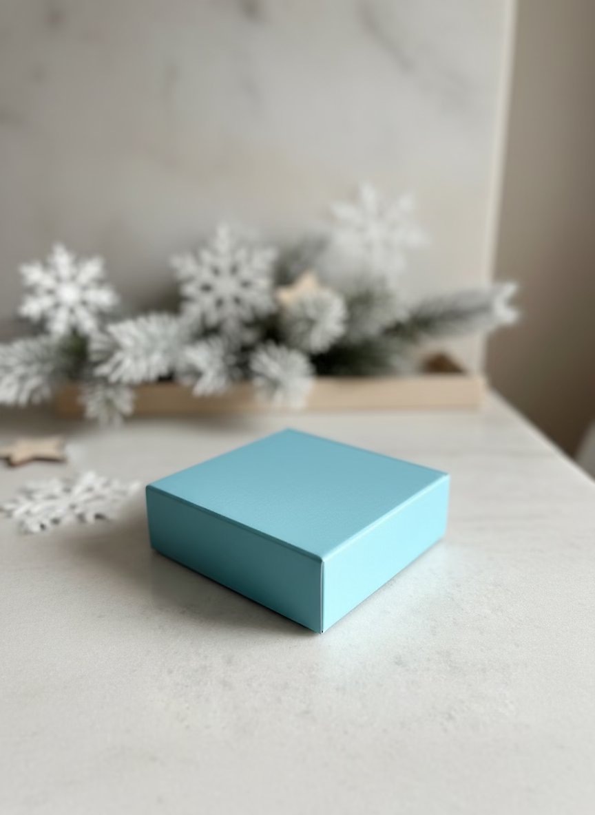 Blue box on a light gray surface