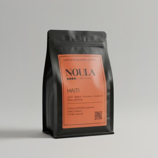Coffee bag with 'Noula' label on a gray background