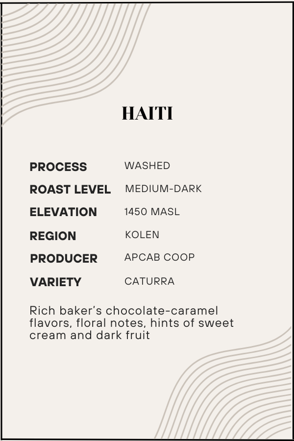 Coffee label for Haiti with detailed information on process, roast level, elevation, region, producer, and variety.