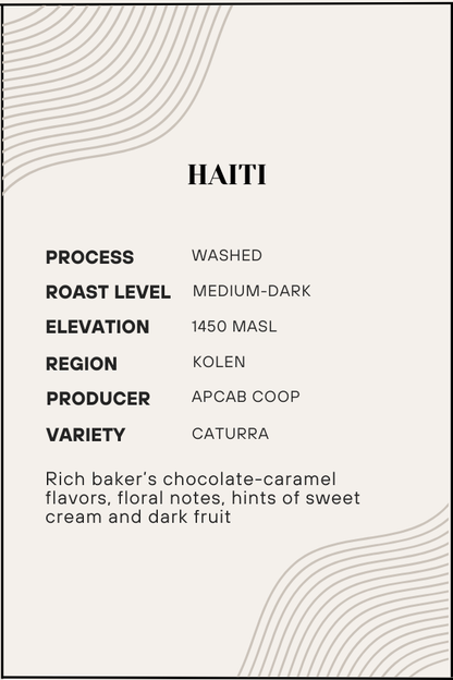 Coffee label for Haiti with detailed information on process, roast level, elevation, region, producer, and variety.