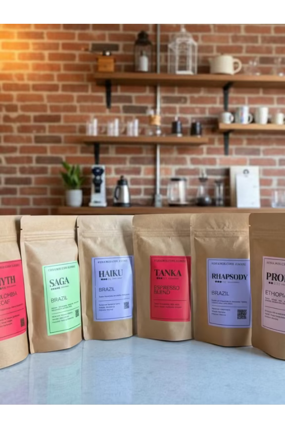 Coffee bags with colorful labels on a table in a coffee shop setting.