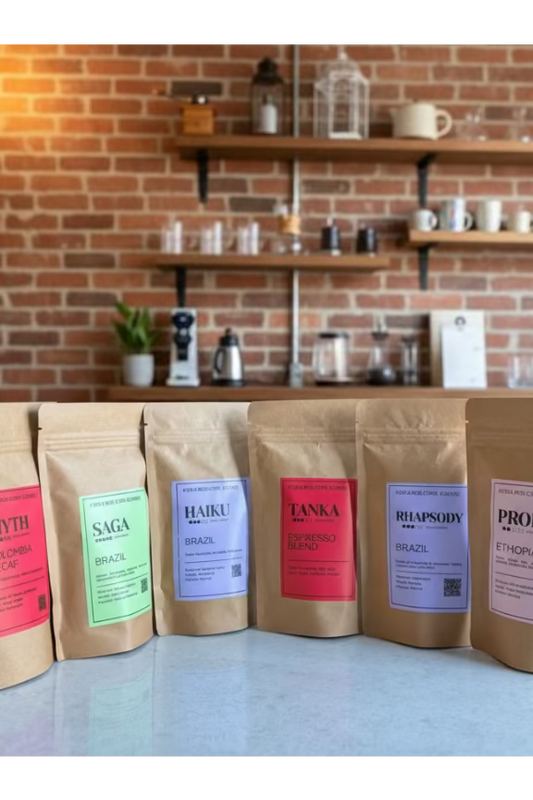 Coffee bags with colorful labels on a table in a coffee shop setting.
