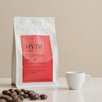 Coffee bag labeled 'MYTH Colombia Decaf' with a white cup and coffee beans on a beige background