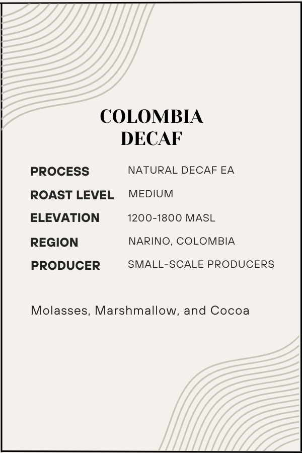 Colombia Decaf coffee label with detailed information on process, roast level, elevation, region, and producer.
