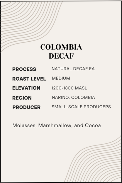 Colombia Decaf coffee label with detailed information on process, roast level, elevation, region, and producer.