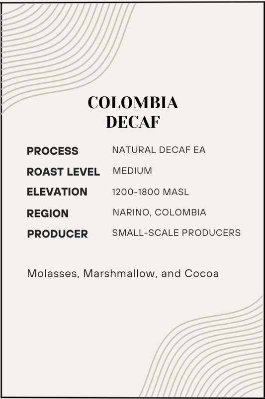Colombia Decaf coffee label with detailed information on process, roast level, elevation, region, and producer.