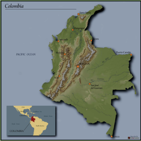 Map of Colombia with cities labeled on a light blue background