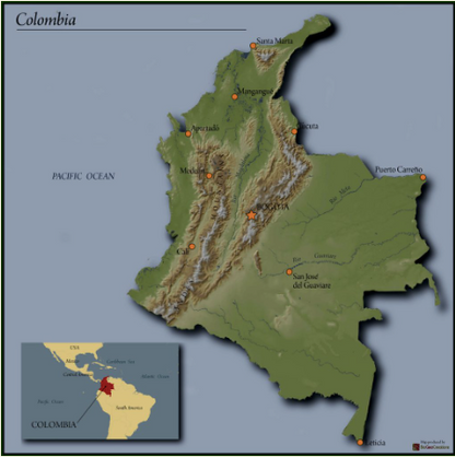 Map of Colombia with cities labeled on a light blue background