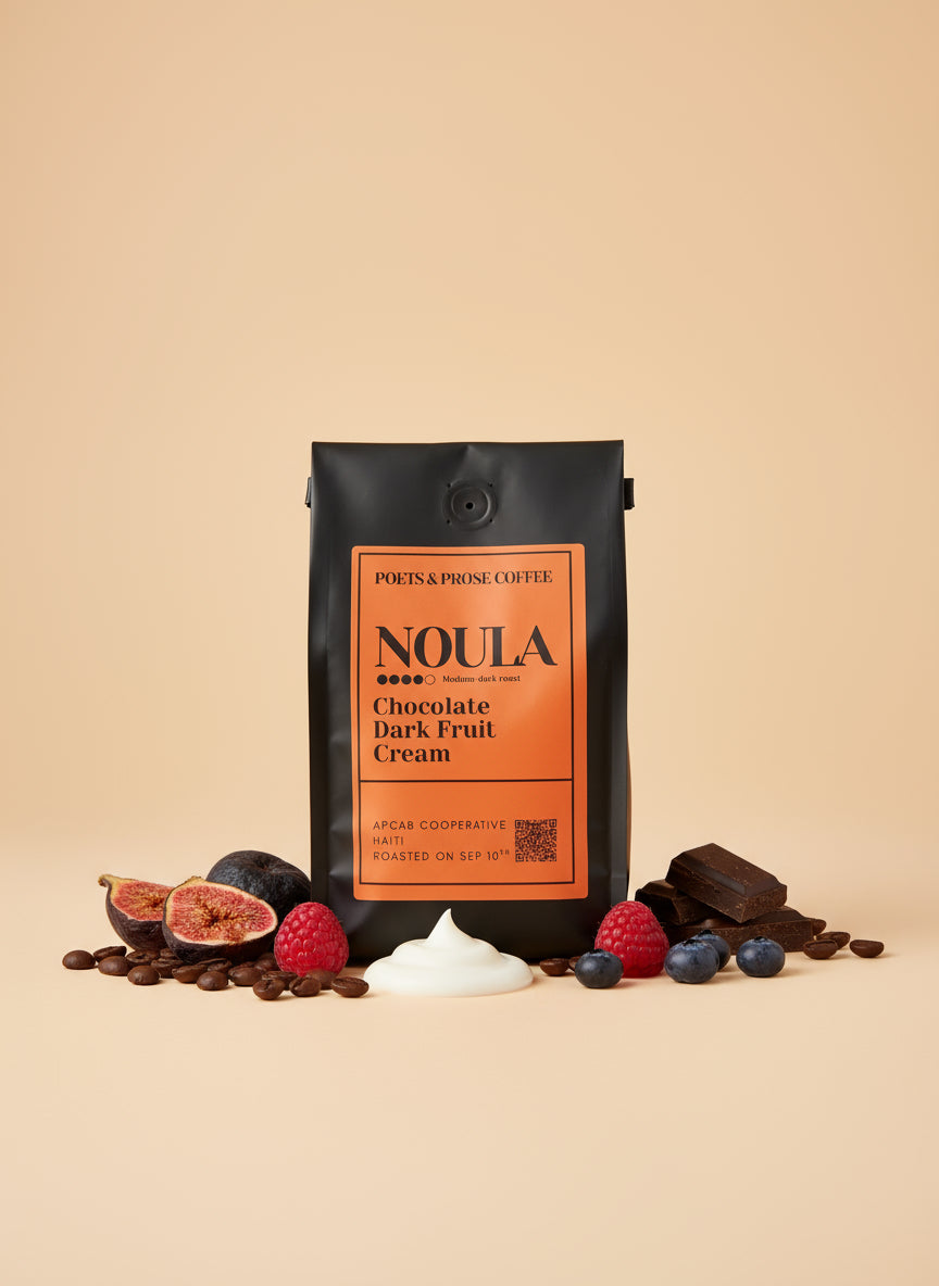 Noula chocolate dark fruit cream coffee package with ingredients on a beige background