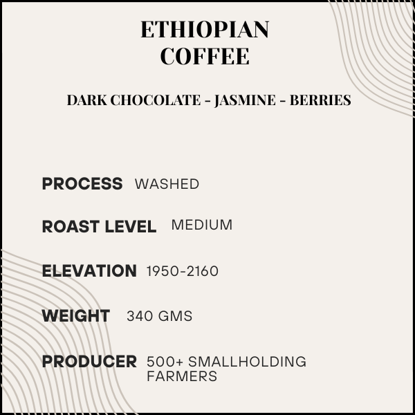 Informational card about Ethiopian coffee with details on flavor profile, process, roast level, elevation, weight, and producer.