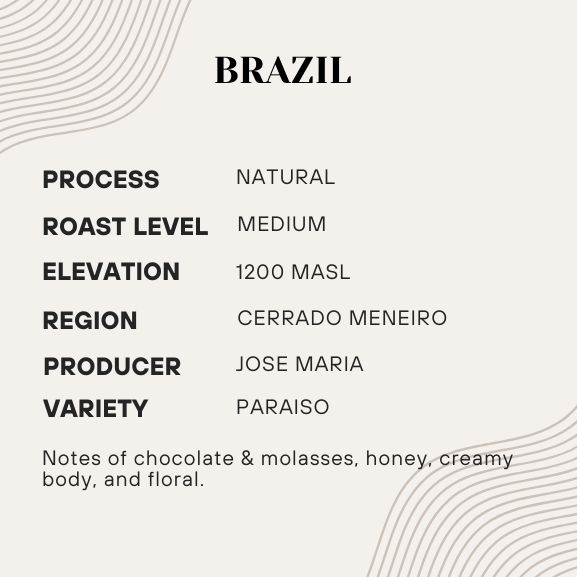 Coffee information card for Brazil with details on process, roast level, elevation, region, producer, and variety.