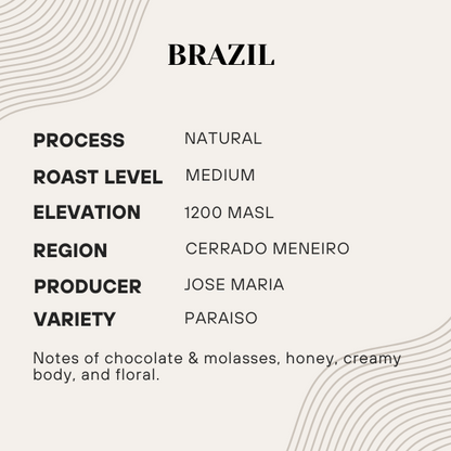 Coffee information card for Brazil with details on process, roast level, elevation, region, producer, and variety.