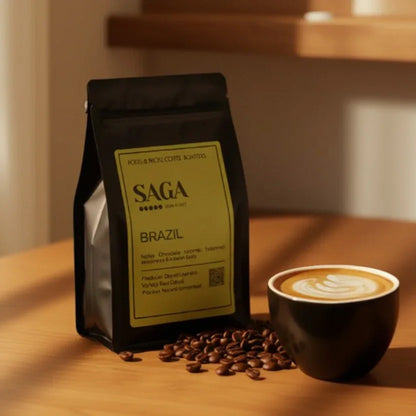 Coffee bag labeled 'SAGA' with coffee beans and a cup of coffee on a wooden surface.