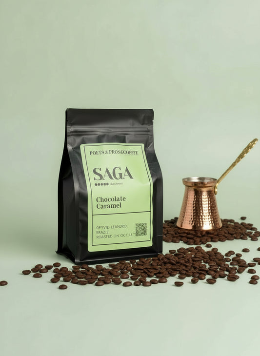 Coffee bag labeled 'SAGA Chocolate Caramel' with coffee beans and caramels on a light green background