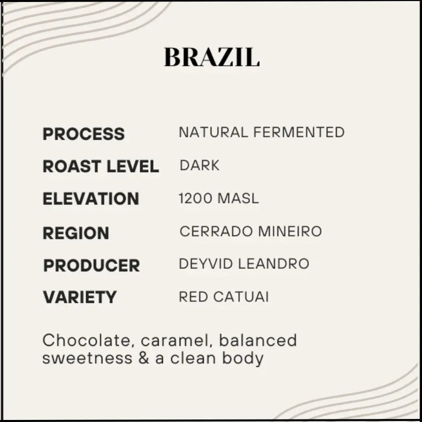 Coffee label detailing Brazil coffee's process, roast level, elevation, region, producer, and variety.