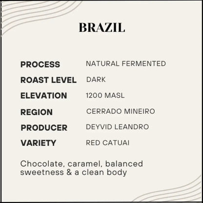 Coffee label detailing Brazil coffee's process, roast level, elevation, region, producer, and variety.