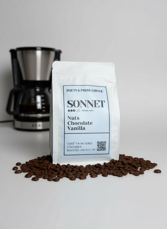 Sonnet coffee package with coffee beans and vanilla on a white background