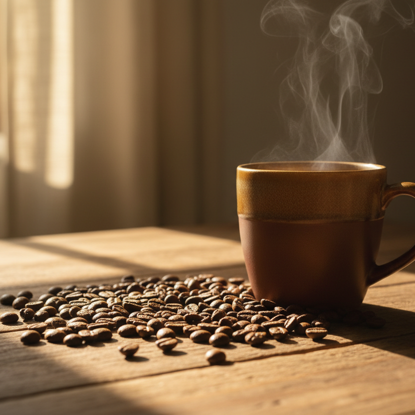 Coffee beans on a wooden table with a cup of coffee with warm natural light